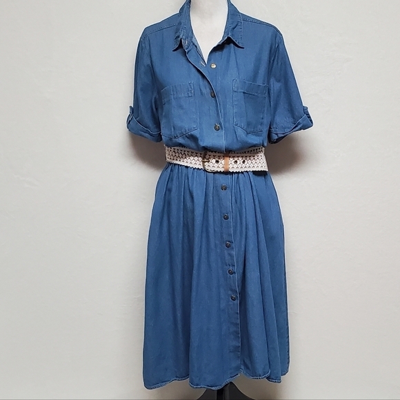 Vintage 90s KDK Light Wash Blue Chambray Lace Belted Side Pocket Midi Dress 14 - Picture 4 of 16